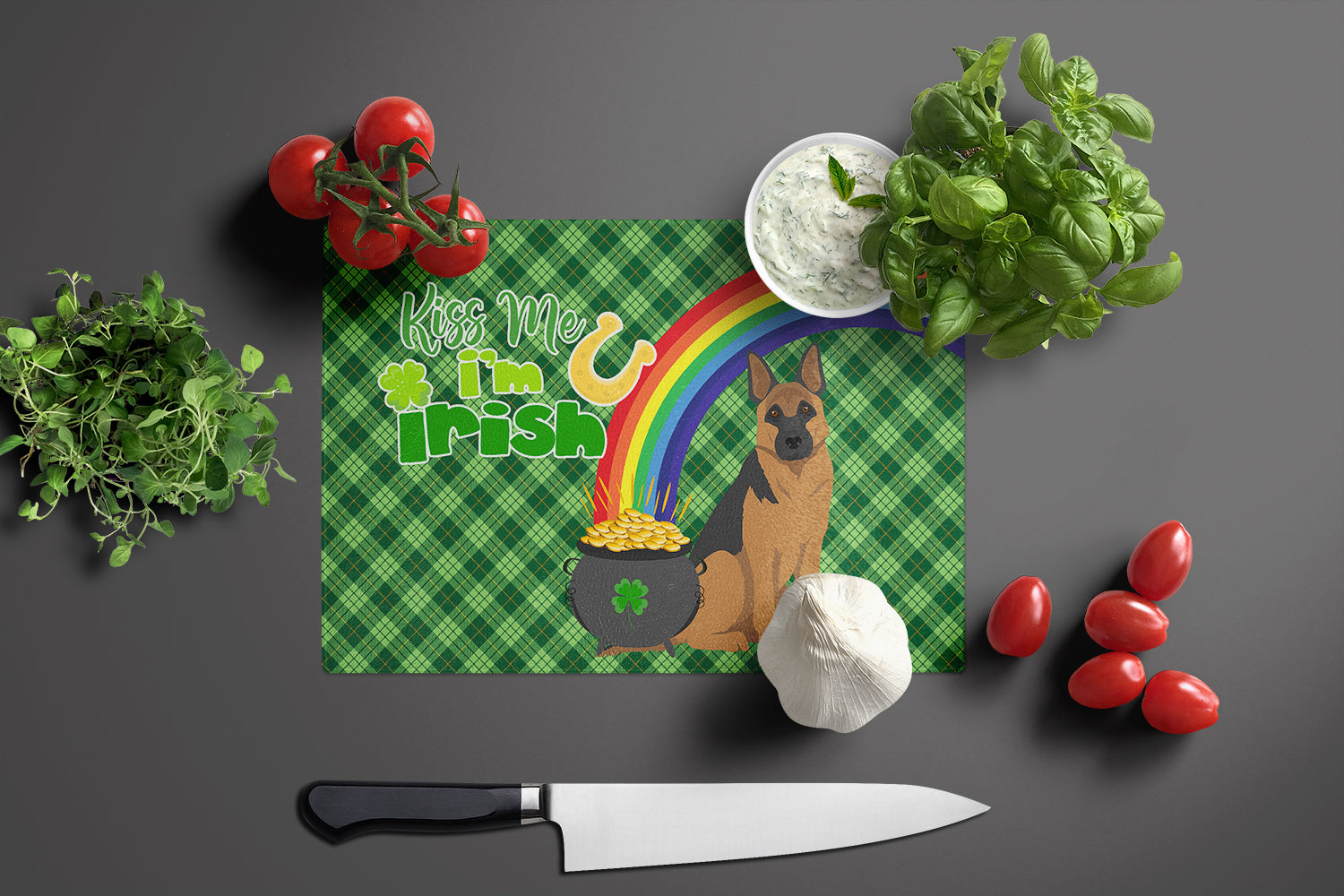 Black and Tan German Shepherd St. Patrick's Day Glass Cutting Board Large - the-store.com