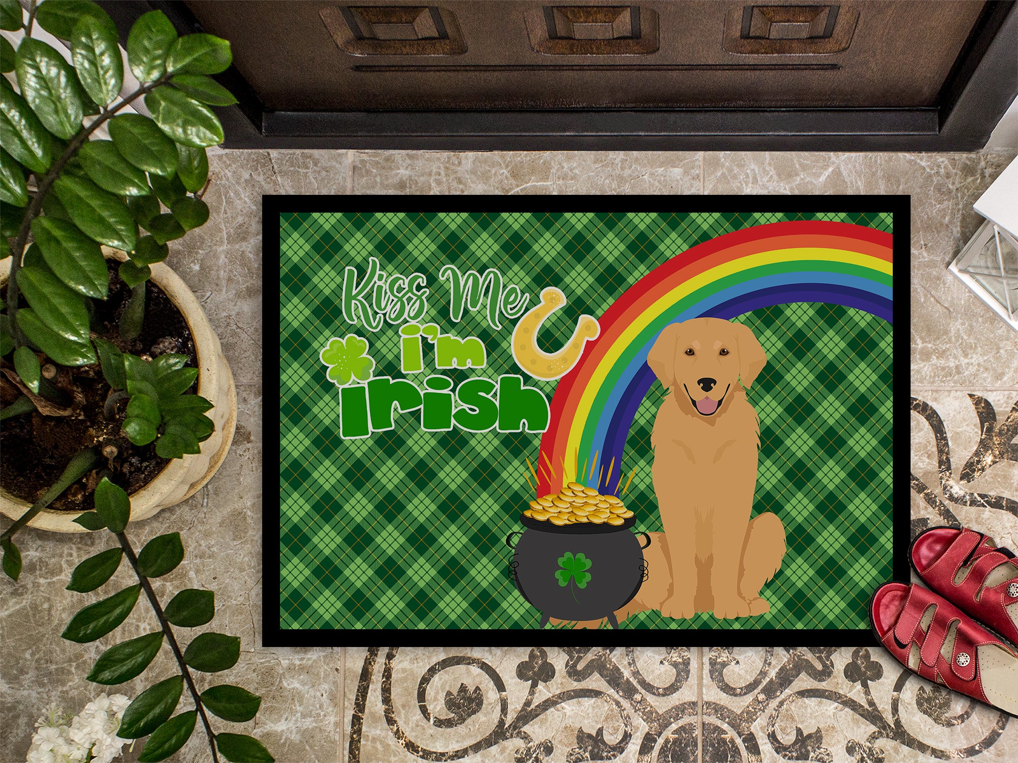 Gold Golden Retriever St. Patrick's Day Indoor or Outdoor Mat 24x36 - the-store.com