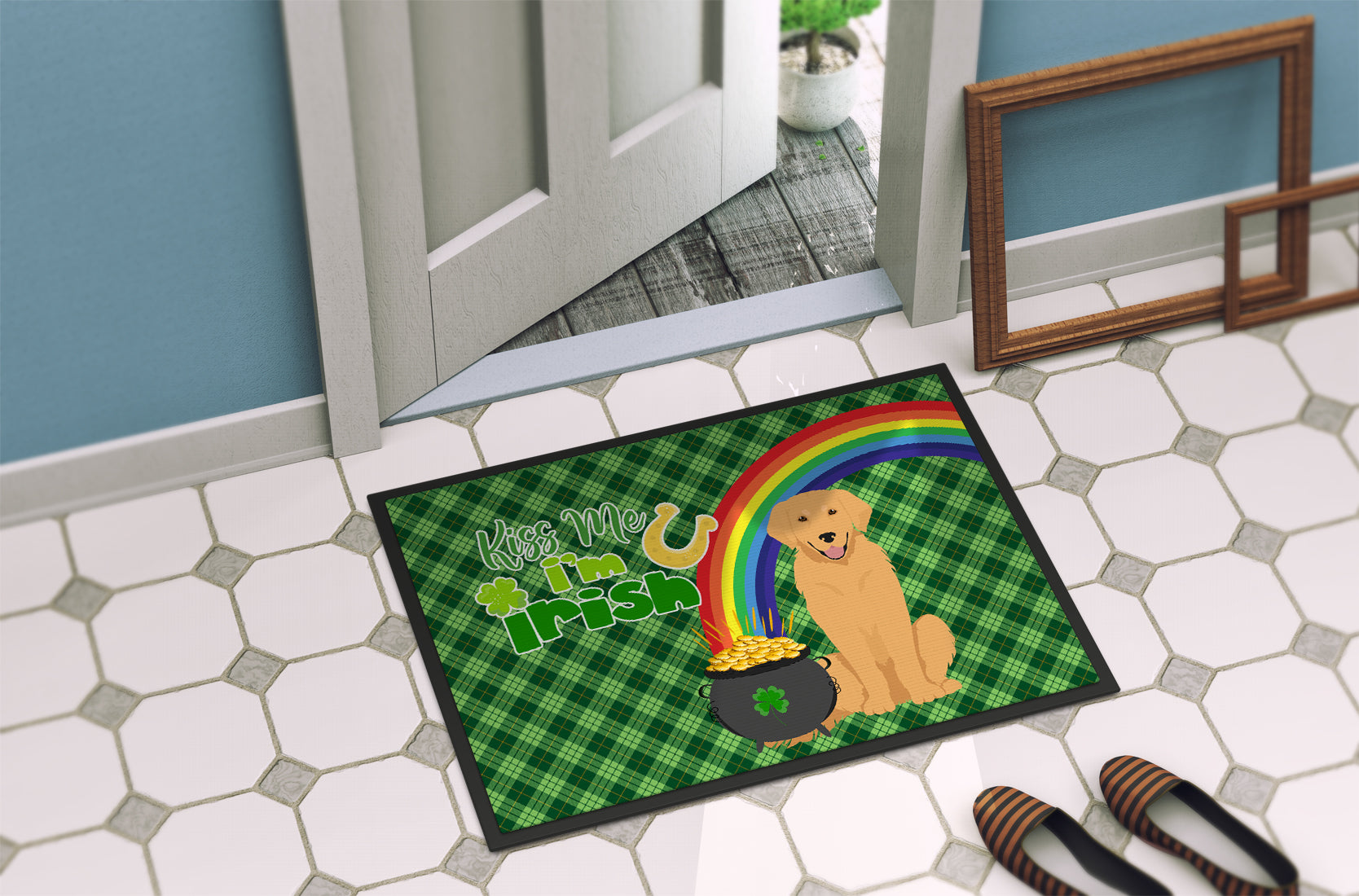 Gold Golden Retriever St. Patrick's Day Indoor or Outdoor Mat 24x36 - the-store.com
