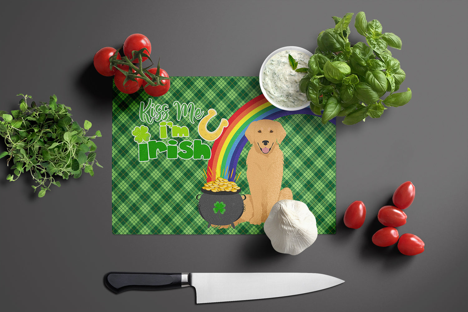 Gold Golden Retriever St. Patrick's Day Glass Cutting Board Large - the-store.com