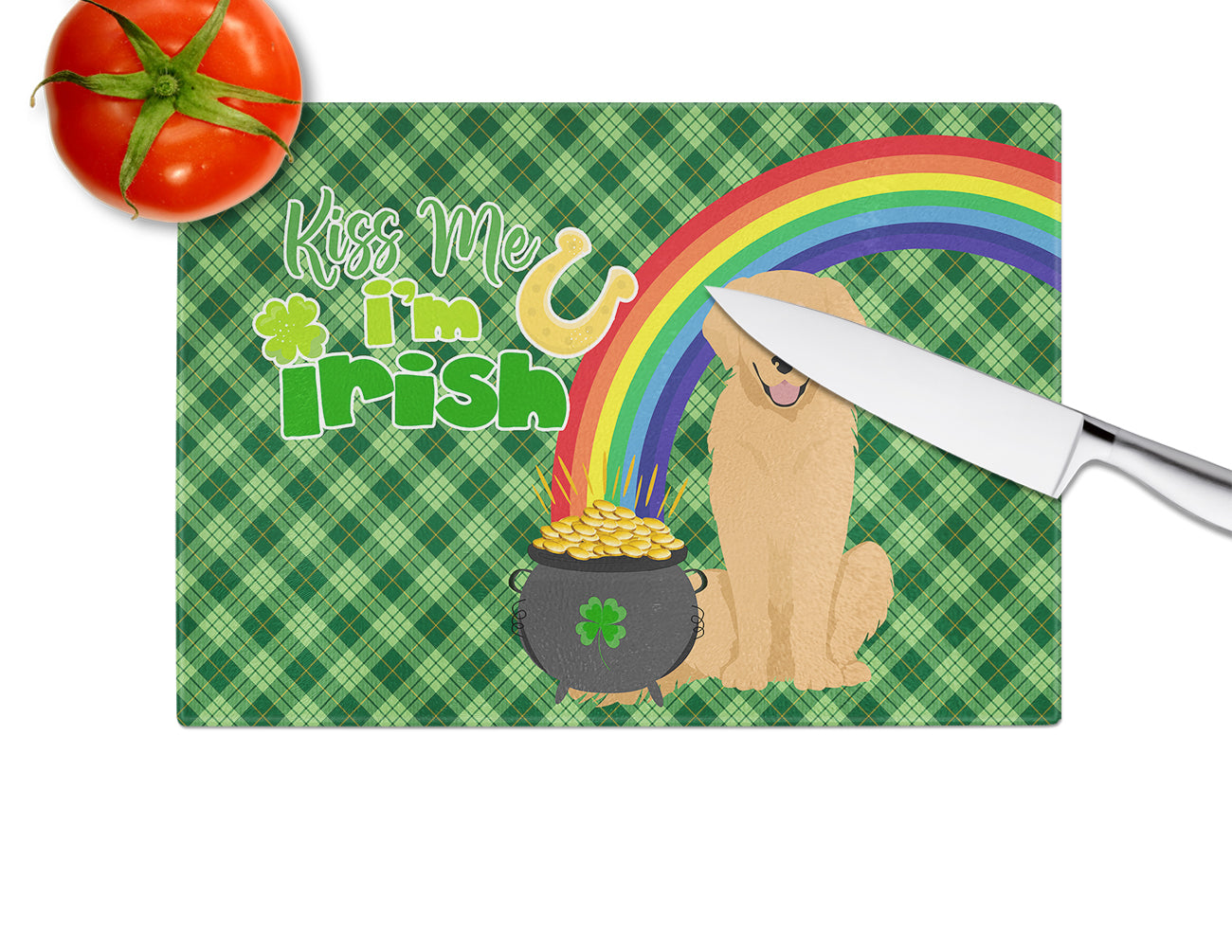Gold Golden Retriever St. Patrick's Day Glass Cutting Board Large - the-store.com