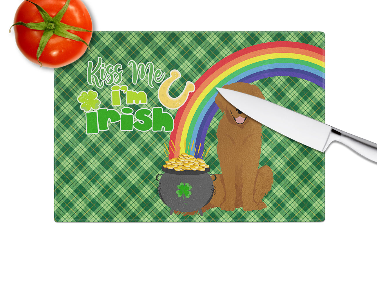 Mahogany Golden Retriever St. Patrick's Day Glass Cutting Board Large - the-store.com