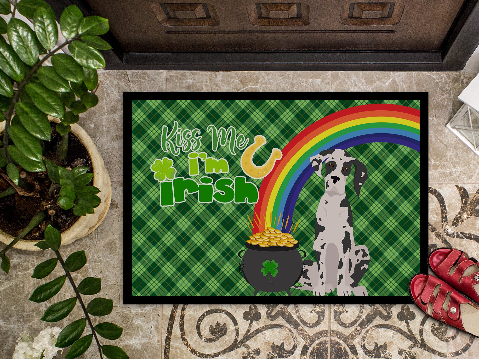 Harlequin Great Dane St. Patrick's Day Indoor or Outdoor Mat 24x36 - the-store.com