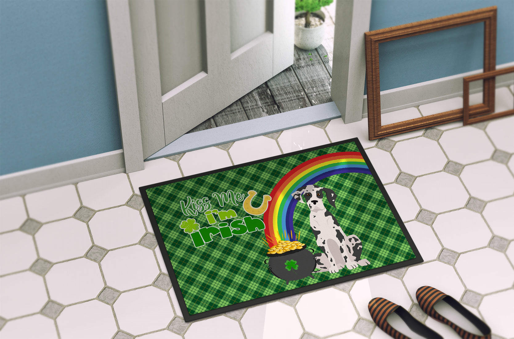 Harlequin Great Dane St. Patrick's Day Indoor or Outdoor Mat 24x36 - the-store.com