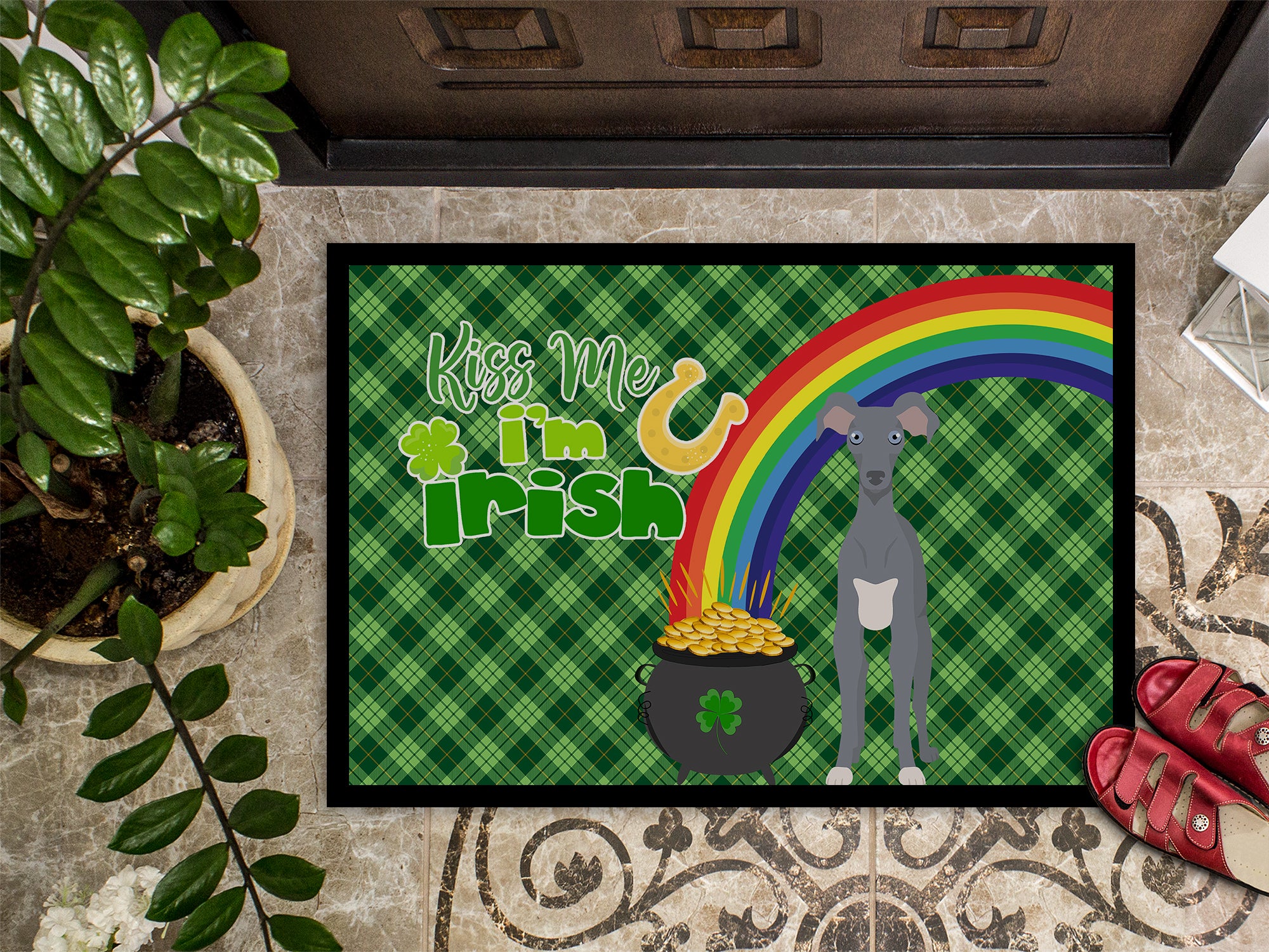 Gray Italian Greyhound St. Patrick's Day Indoor or Outdoor Mat 24x36 - the-store.com