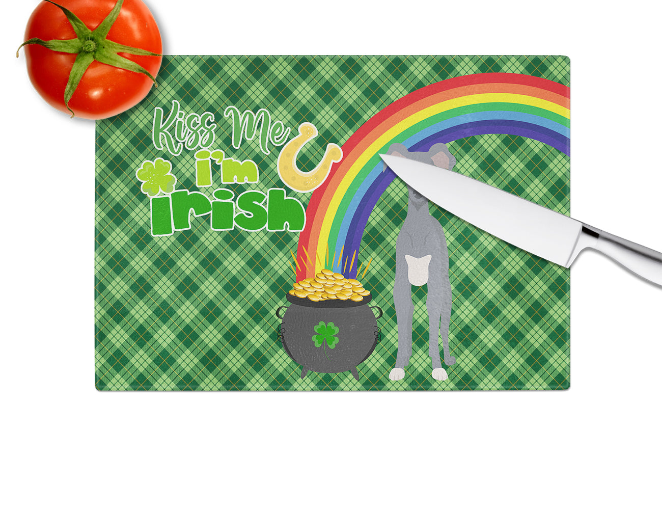Gray Italian Greyhound St. Patrick's Day Glass Cutting Board Large - the-store.com