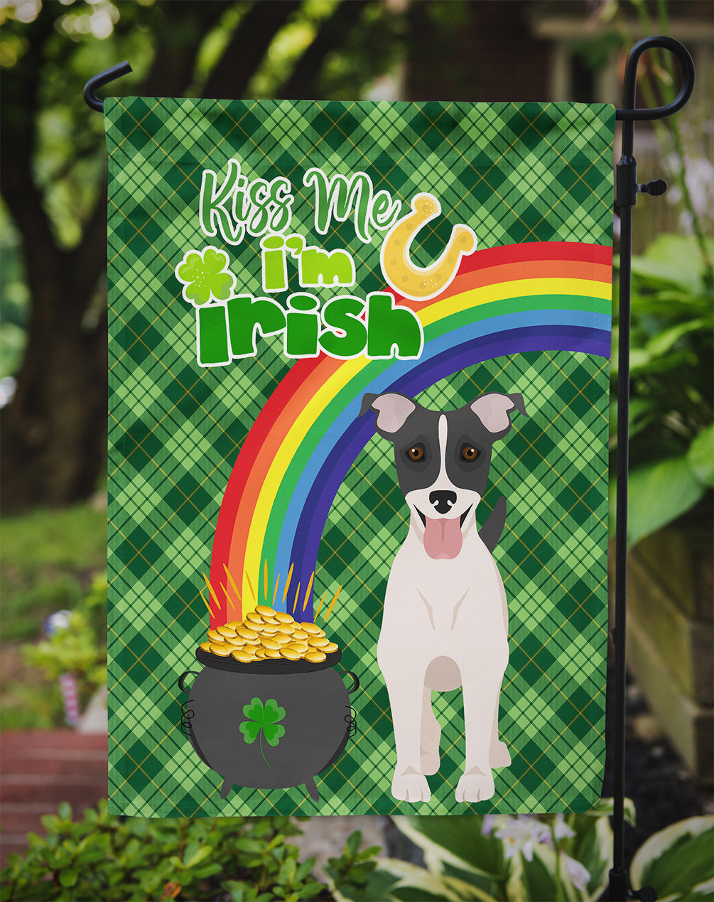 Black White Smooth Jack Russell Terrier St. Patrick's Day Flag Garden Size  the-store.com.