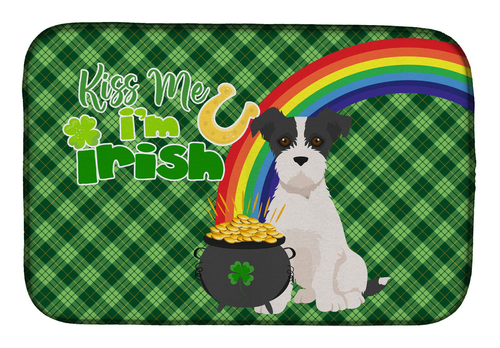 Black White Wirehair Jack Russell Terrier St. Patrick's Day Dish Drying Mat