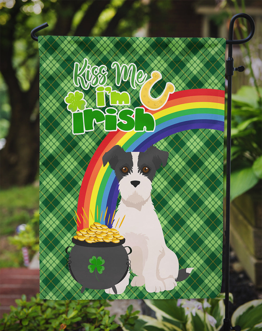 Black White Wirehair Jack Russell Terrier St. Patrick's Day Flag Garden Size  the-store.com.