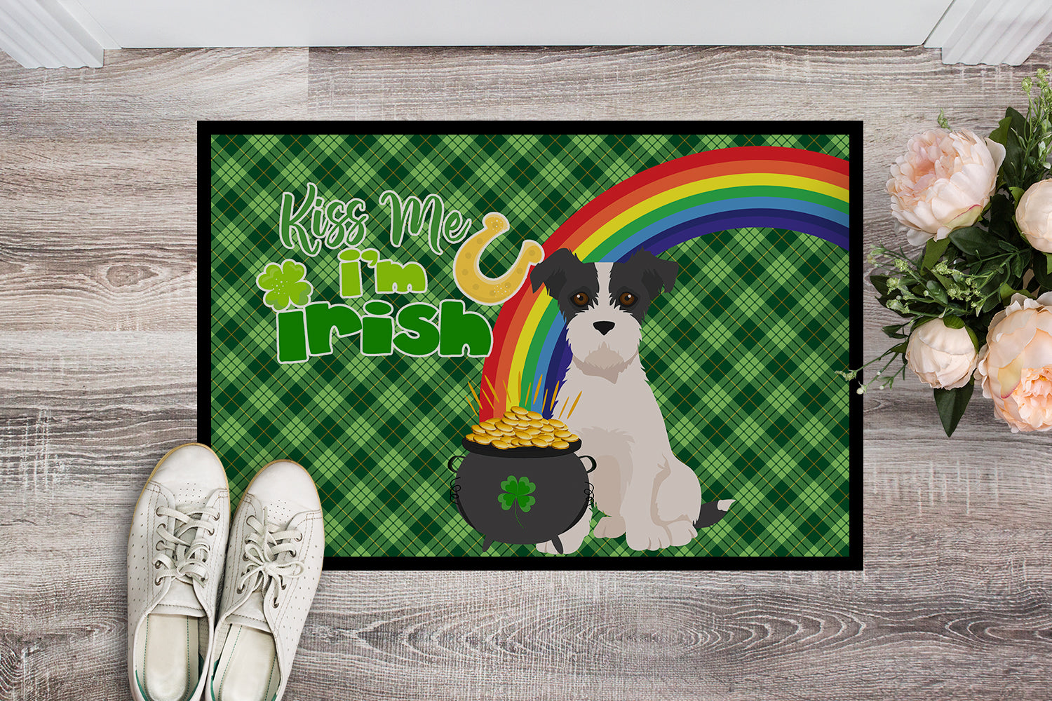 Black White Wirehair Jack Russell Terrier St. Patrick's Day Indoor or Outdoor Mat 24x36 - the-store.com