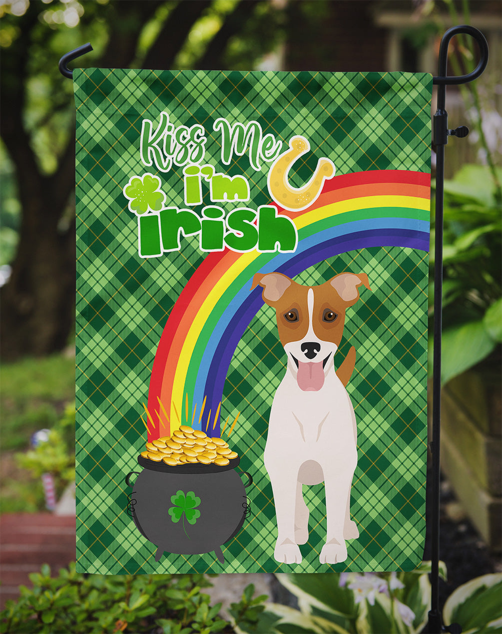 Brown White Smooth Jack Russell Terrier St. Patrick's Day Flag Garden Size