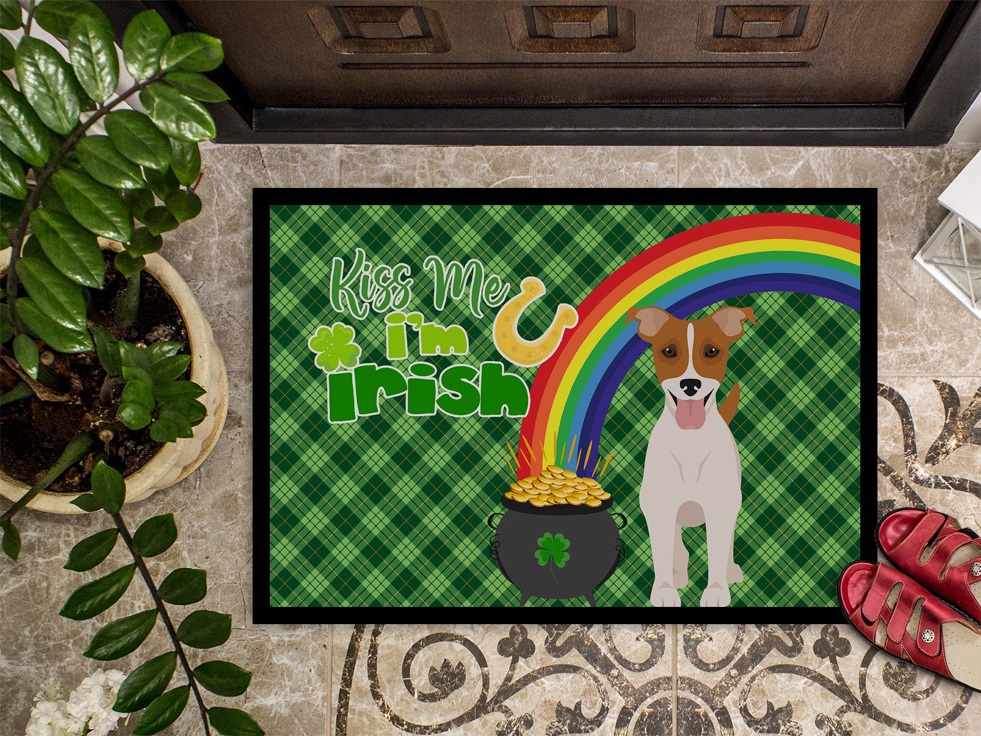 Brown White Smooth Jack Russell Terrier St. Patrick's Day Indoor or Outdoor Mat 24x36 - the-store.com