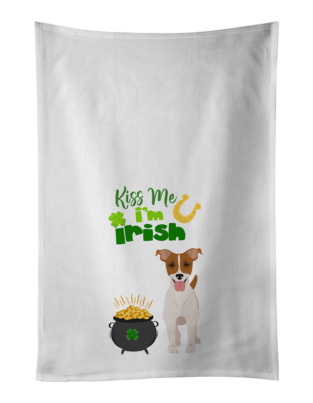 Buy this Brown White Smooth Jack Russell Terrier St. Patrick&#39;s Day White Kitchen Towel Set of 2 Dish Towels