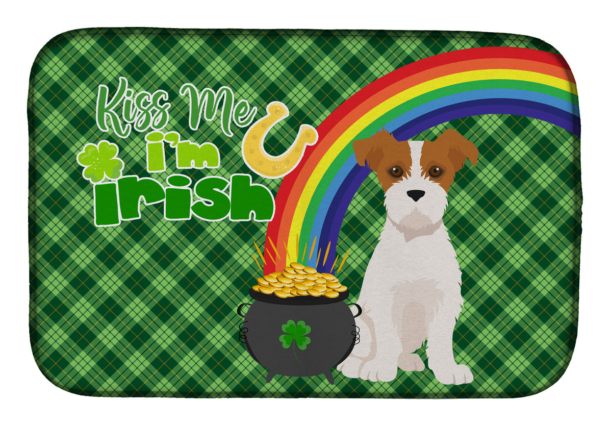 Brown White Wirehair Jack Russell Terrier St. Patrick&#39;s Day Dish Drying Mat