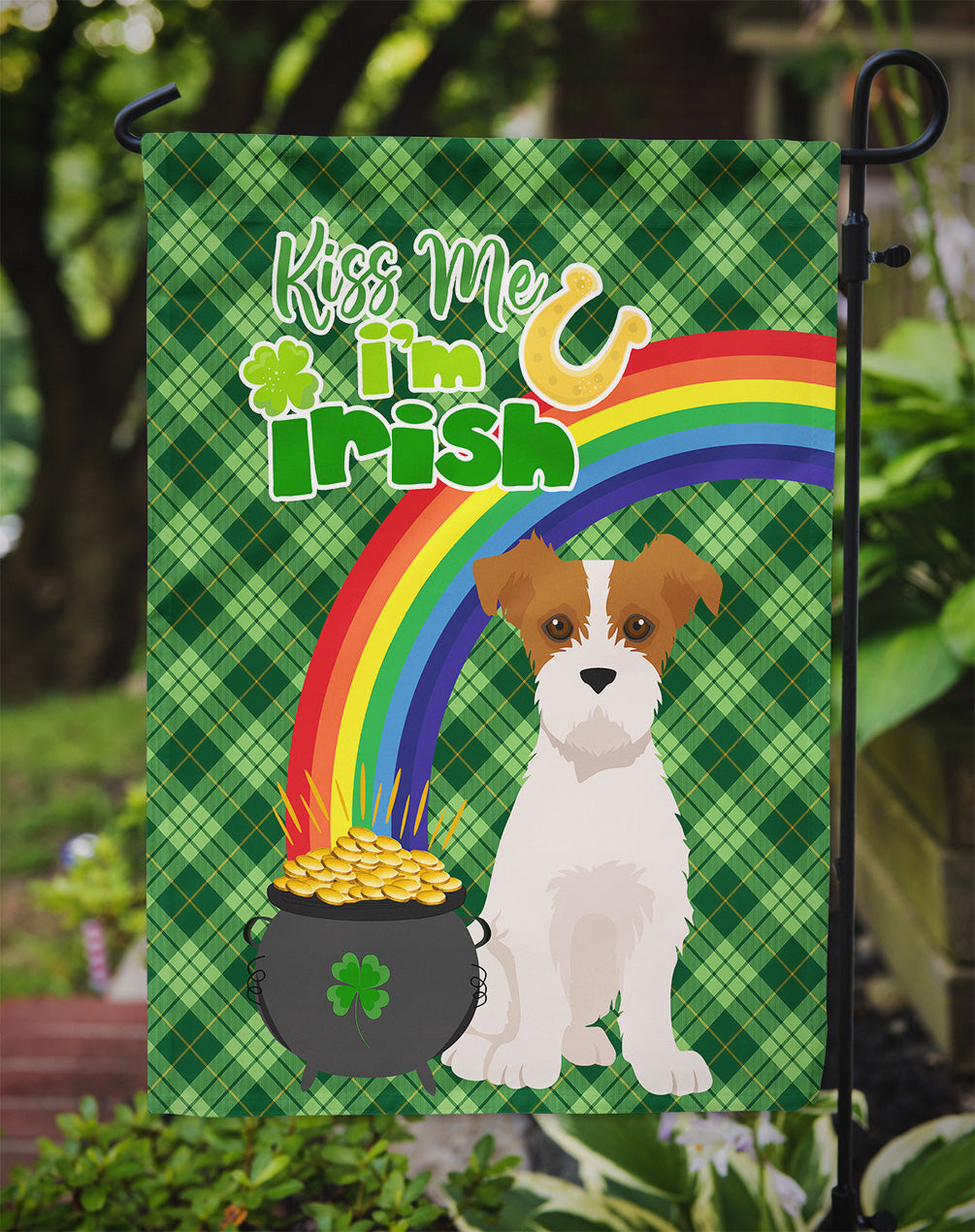 Brown White Wirehair Jack Russell Terrier St. Patrick's Day Flag Garden Size