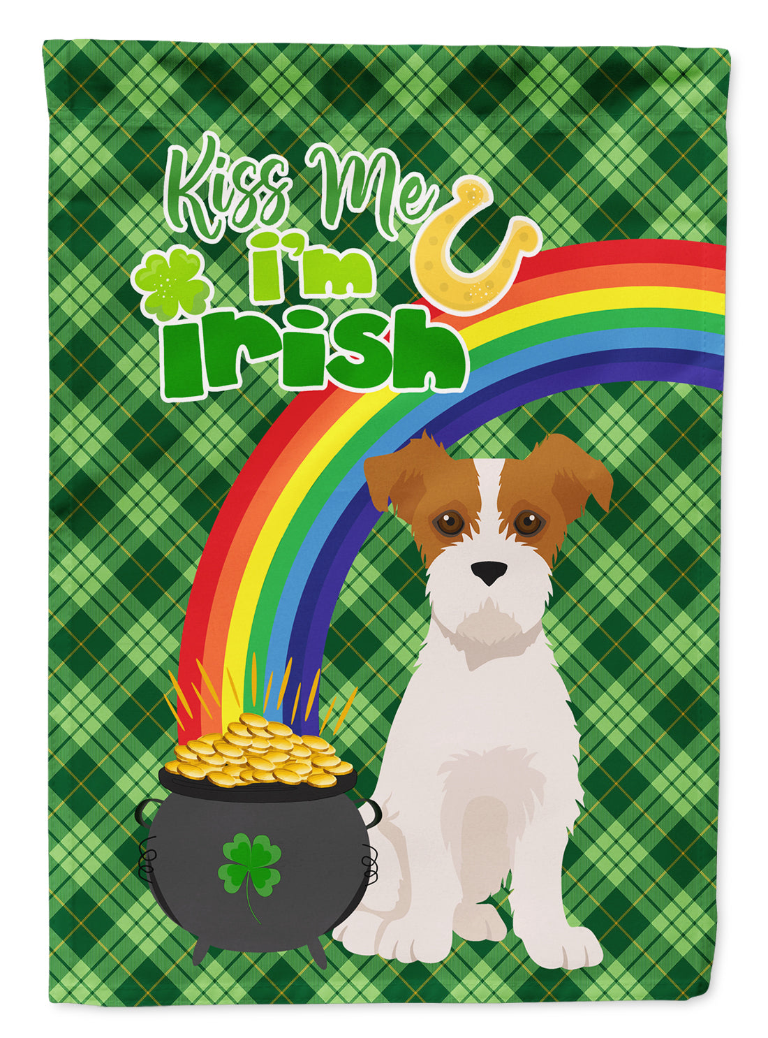 Brown White Wirehair Jack Russell Terrier St. Patrick's Day Flag Garden Size  the-store.com.