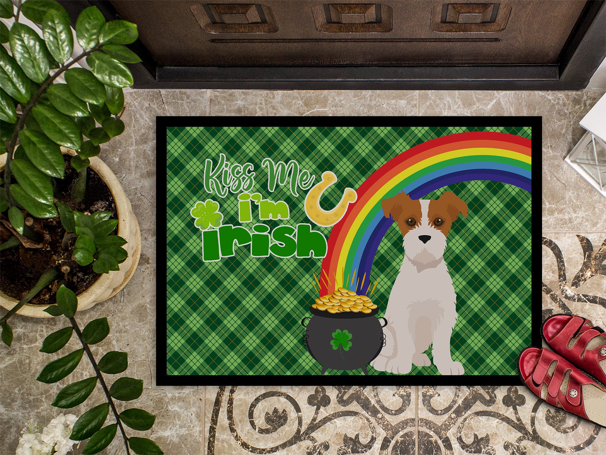 Brown White Wirehair Jack Russell Terrier St. Patrick's Day Indoor or Outdoor Mat 24x36 - the-store.com