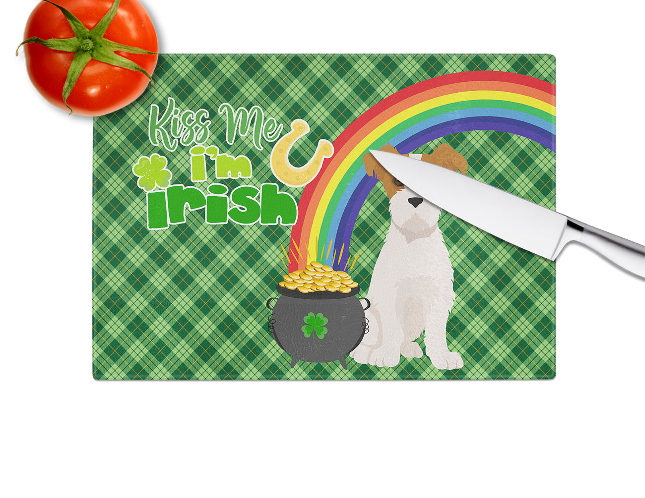 Brown White Wirehair Jack Russell Terrier St. Patrick's Day Glass Cutting Board Large - the-store.com
