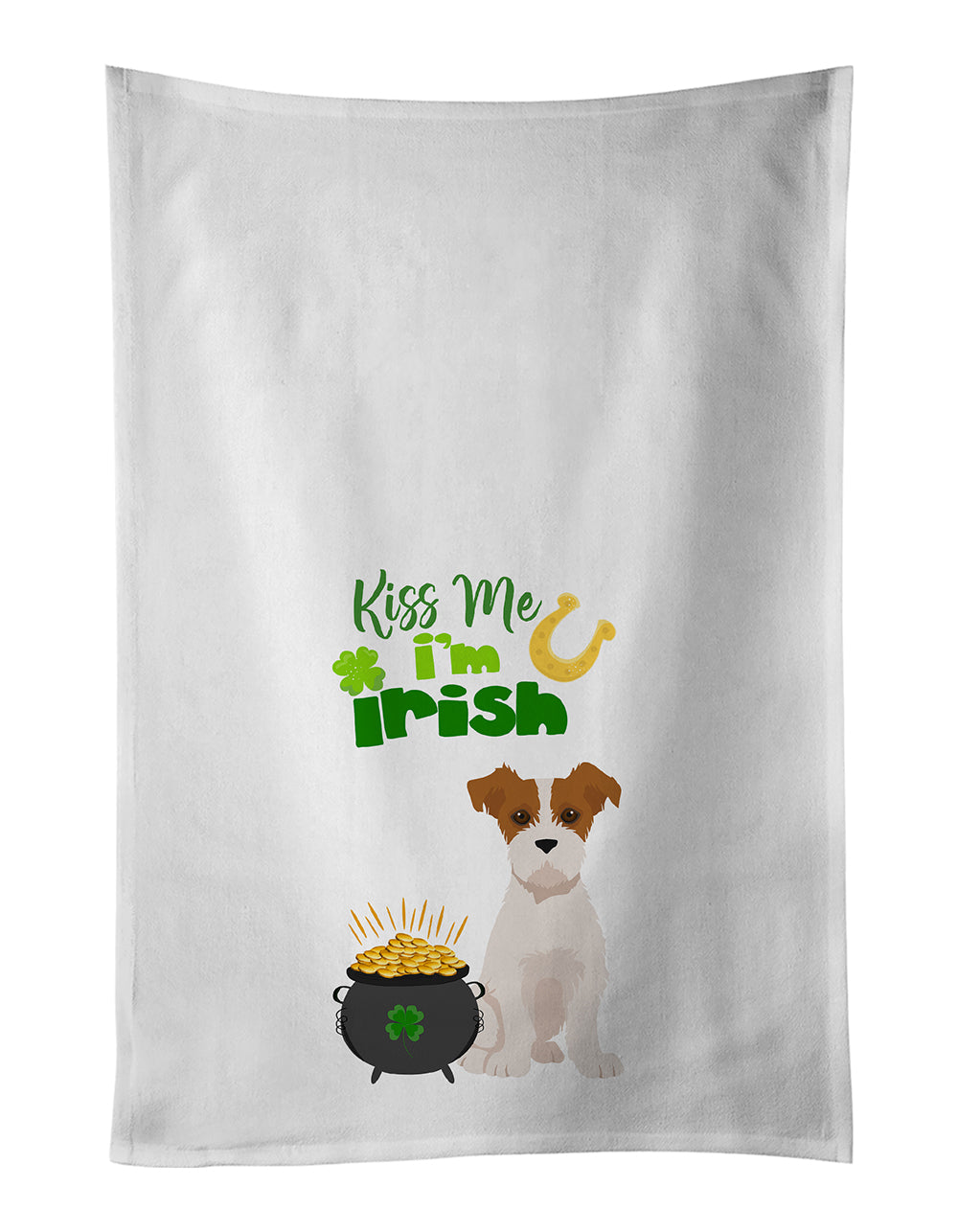 Buy this Brown White Wirehair Jack Russell Terrier St. Patrick&#39;s Day White Kitchen Towel Set of 2 Dish Towels