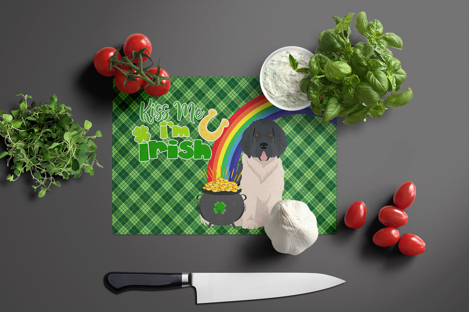 Landseer Newfoundland St. Patrick's Day Glass Cutting Board Large - the-store.com
