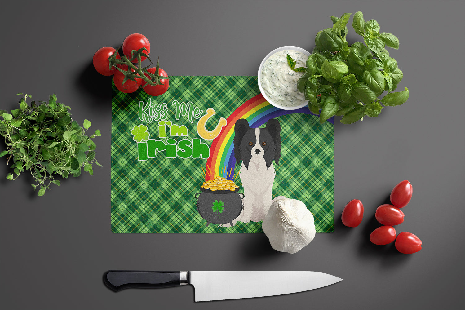 Black and White Papillon St. Patrick's Day Glass Cutting Board Large - the-store.com
