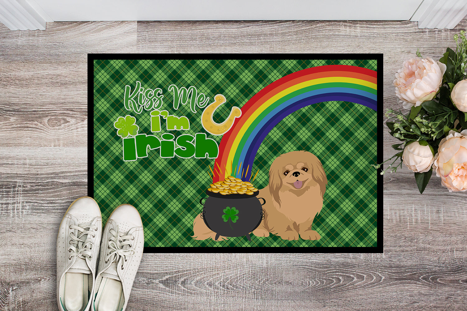 Gold Pekingese St. Patrick's Day Indoor or Outdoor Mat 24x36 - the-store.com