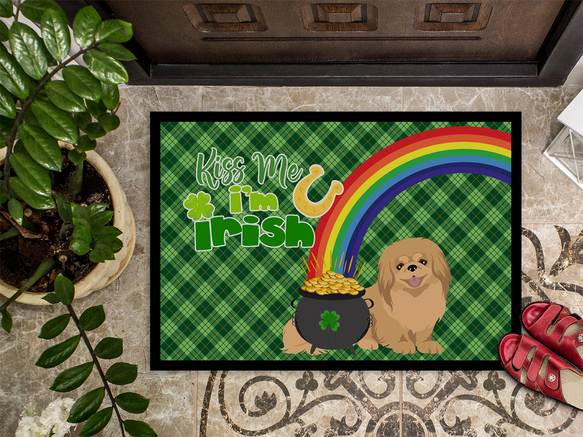 Gold Pekingese St. Patrick's Day Indoor or Outdoor Mat 24x36 - the-store.com