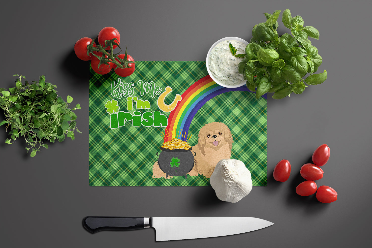 Gold Pekingese St. Patrick's Day Glass Cutting Board Large - the-store.com