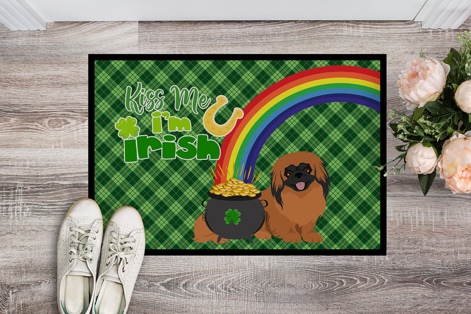 Red Pekingese St. Patrick's Day Indoor or Outdoor Mat 24x36 - the-store.com