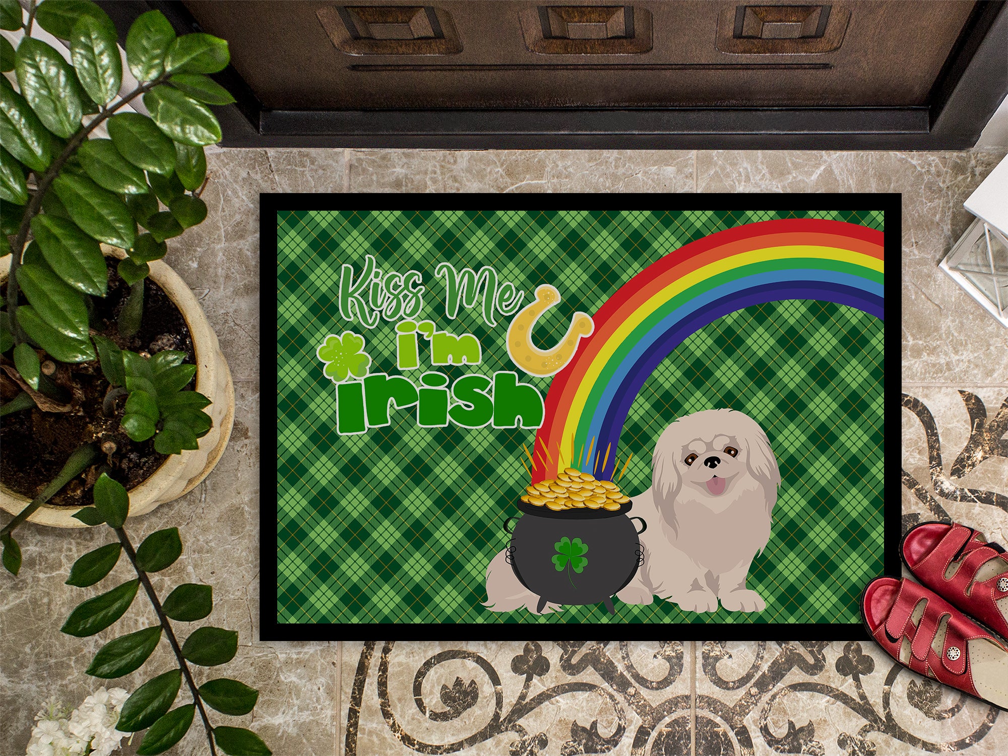 White Pekingese St. Patrick's Day Indoor or Outdoor Mat 24x36 - the-store.com