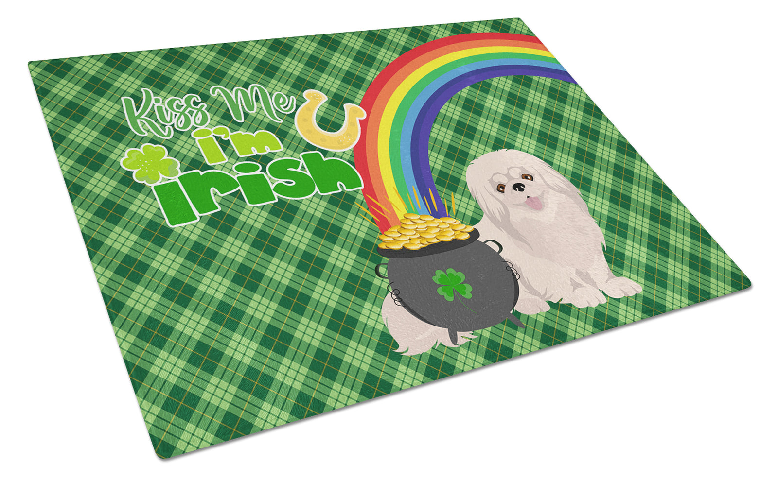 Buy this White Pekingese St. Patrick's Day Glass Cutting Board Large