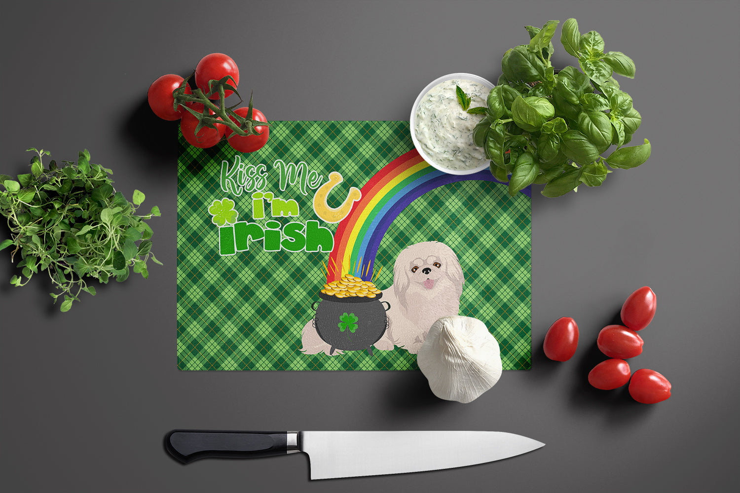 White Pekingese St. Patrick's Day Glass Cutting Board Large - the-store.com