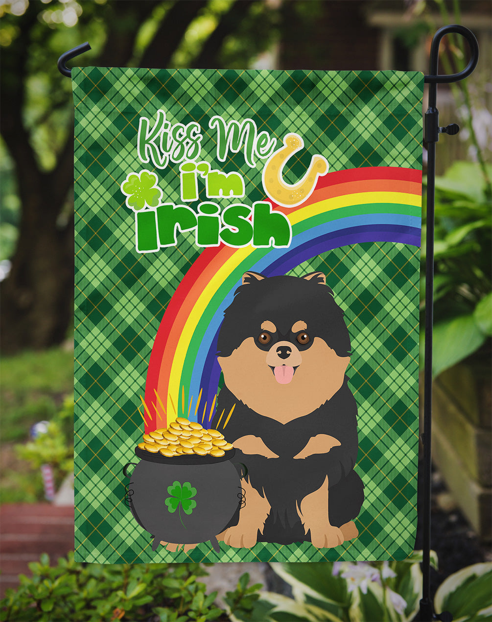 Black and Tan Pomeranian St. Patrick's Day Flag Garden Size  the-store.com.