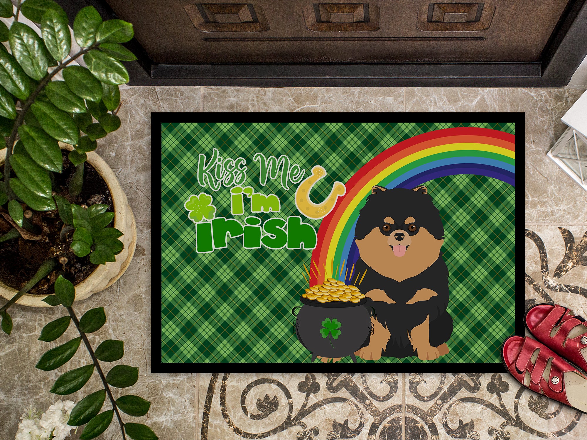 Black and Tan Pomeranian St. Patrick's Day Indoor or Outdoor Mat 24x36 - the-store.com