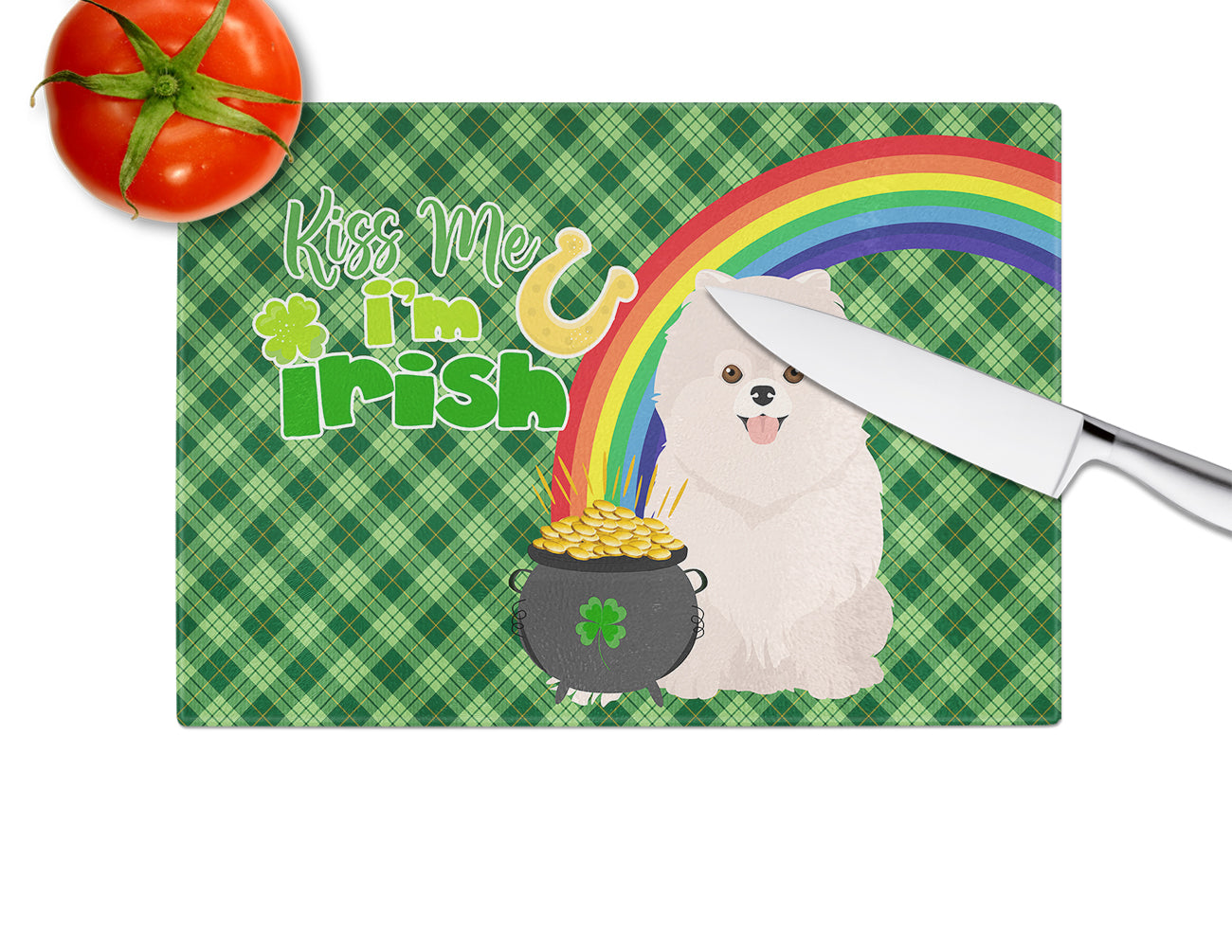 White Pomeranian St. Patrick's Day Glass Cutting Board Large - the-store.com