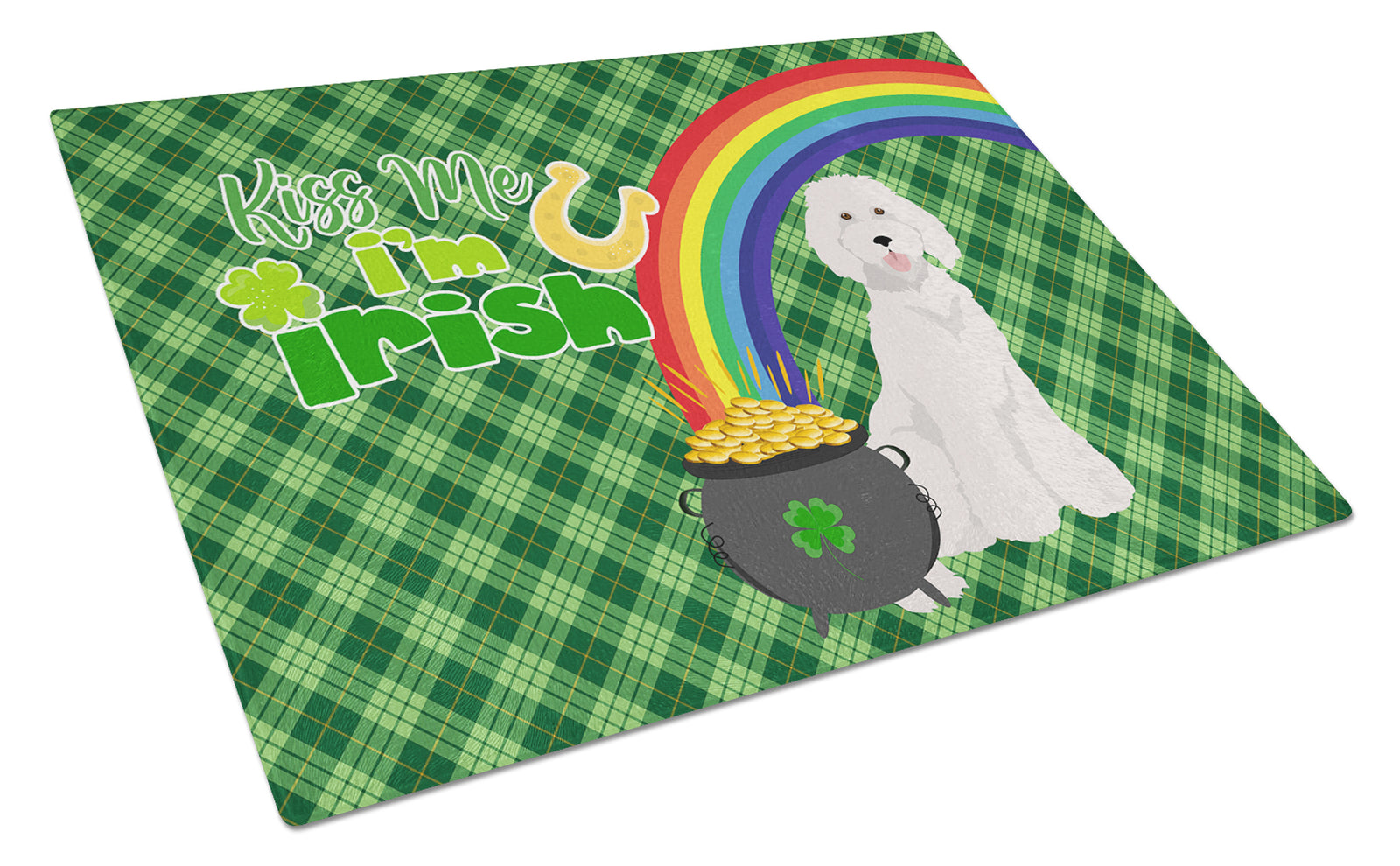 Buy this Standard White Poodle St. Patrick's Day Glass Cutting Board Large