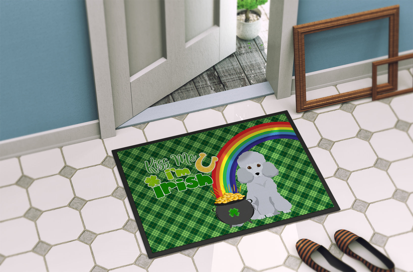 Toy Silver Poodle St. Patrick's Day Indoor or Outdoor Mat 24x36 - the-store.com