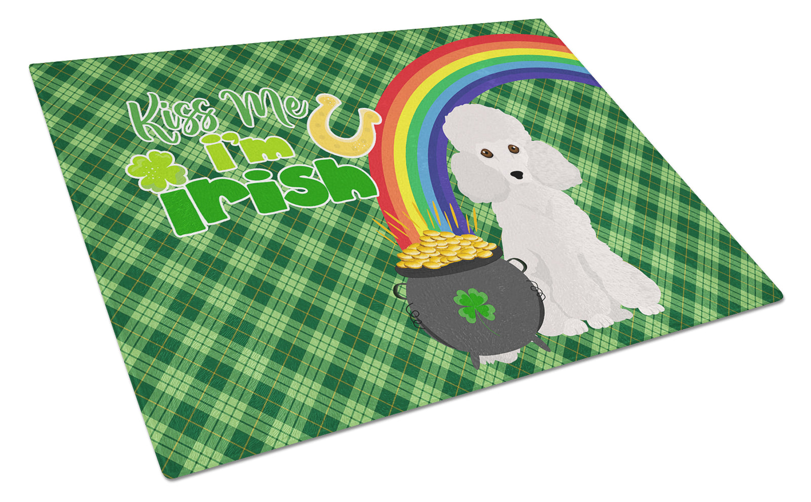 Buy this Toy White Poodle St. Patrick's Day Glass Cutting Board Large