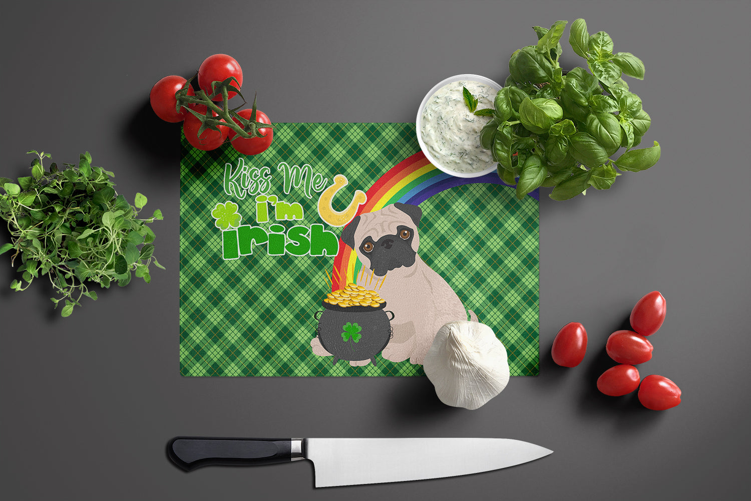 Fawn Pug St. Patrick's Day Glass Cutting Board Large - the-store.com