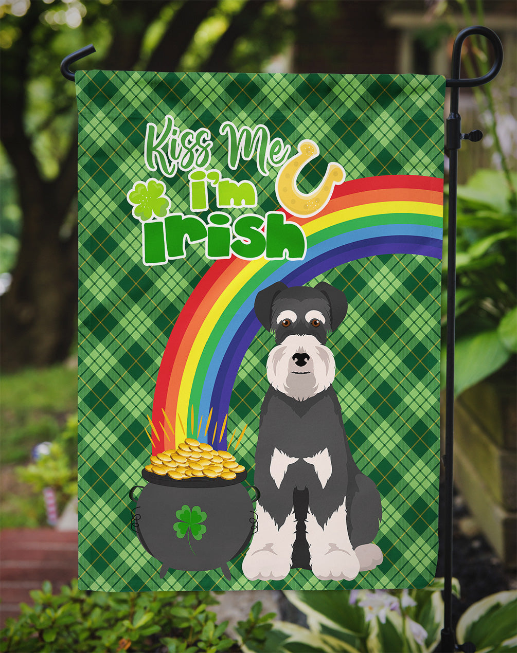 Black and Silver Natural Ears Schnauzer St. Patrick's Day Flag Garden Size  the-store.com.