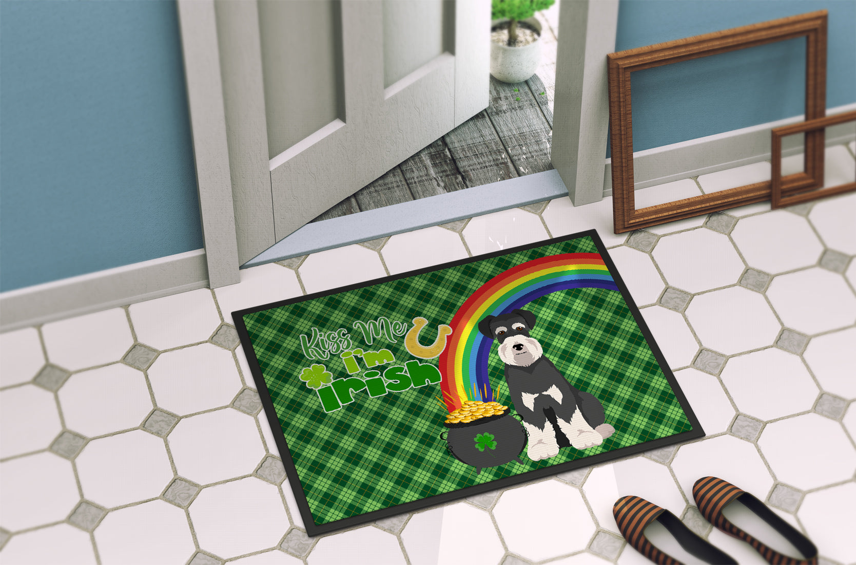 Black and Silver Natural Ears Schnauzer St. Patrick's Day Indoor or Outdoor Mat 24x36 - the-store.com