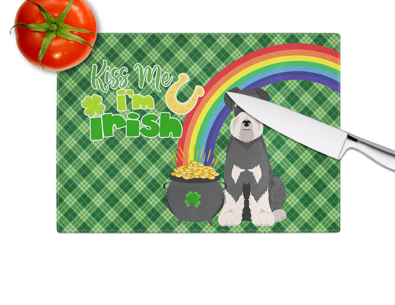 Black and Silver Natural Ears Schnauzer St. Patrick's Day Glass Cutting Board Large - the-store.com