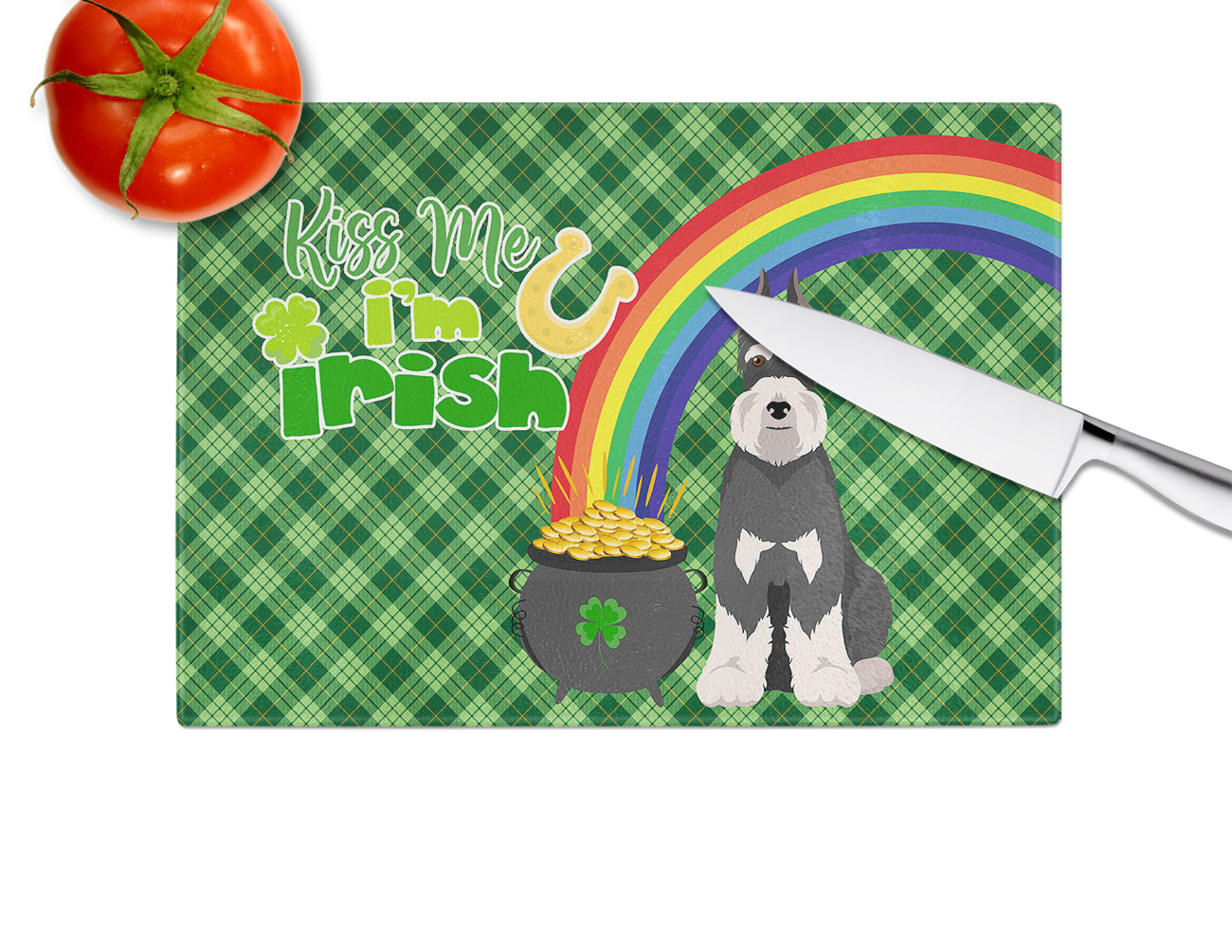 Black and Silver Schnauzer St. Patrick's Day Glass Cutting Board Large - the-store.com
