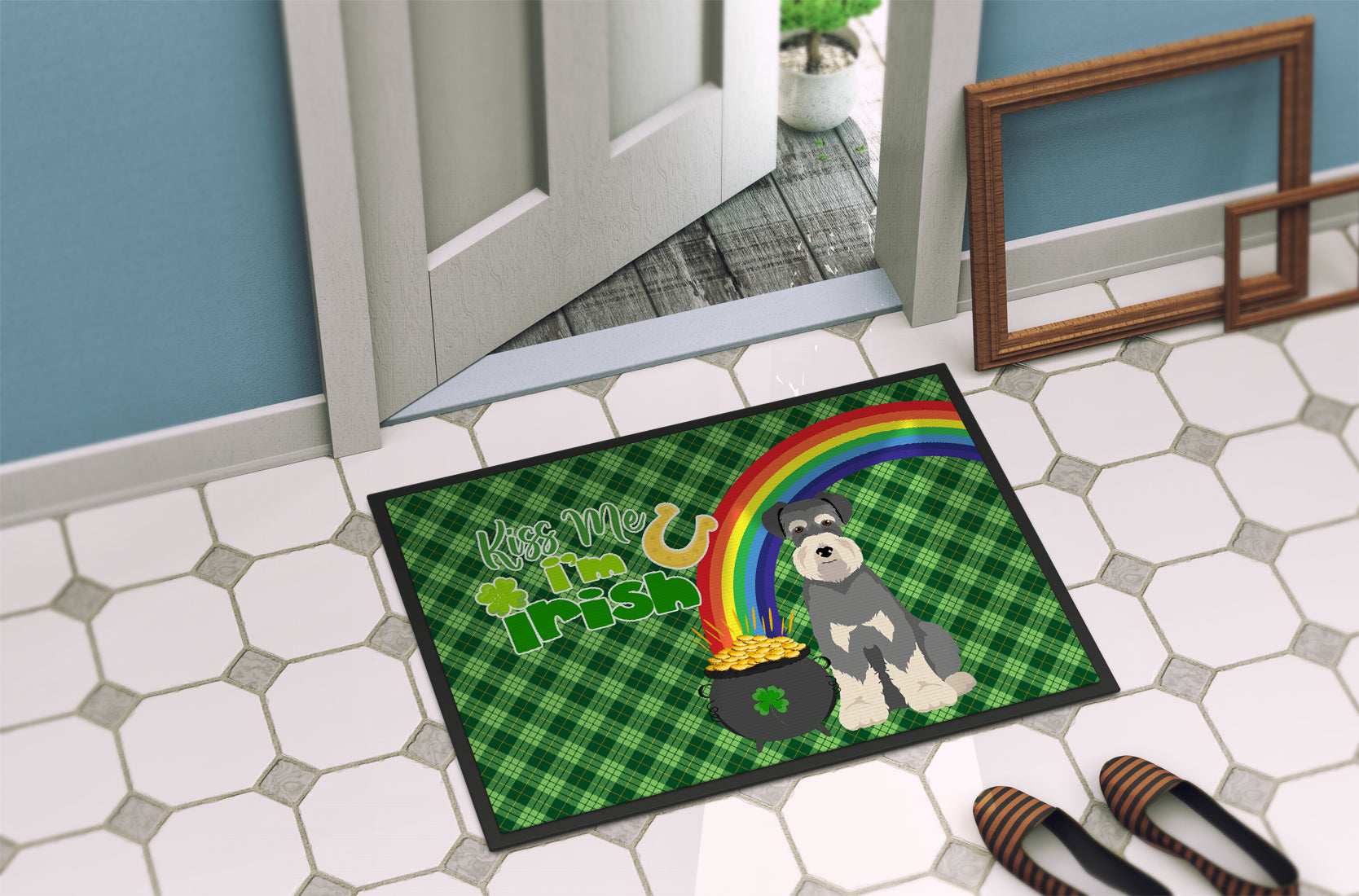 Salt Pepper Natural Ears Schnauzer St. Patrick's Day Indoor or Outdoor Mat 24x36 - the-store.com