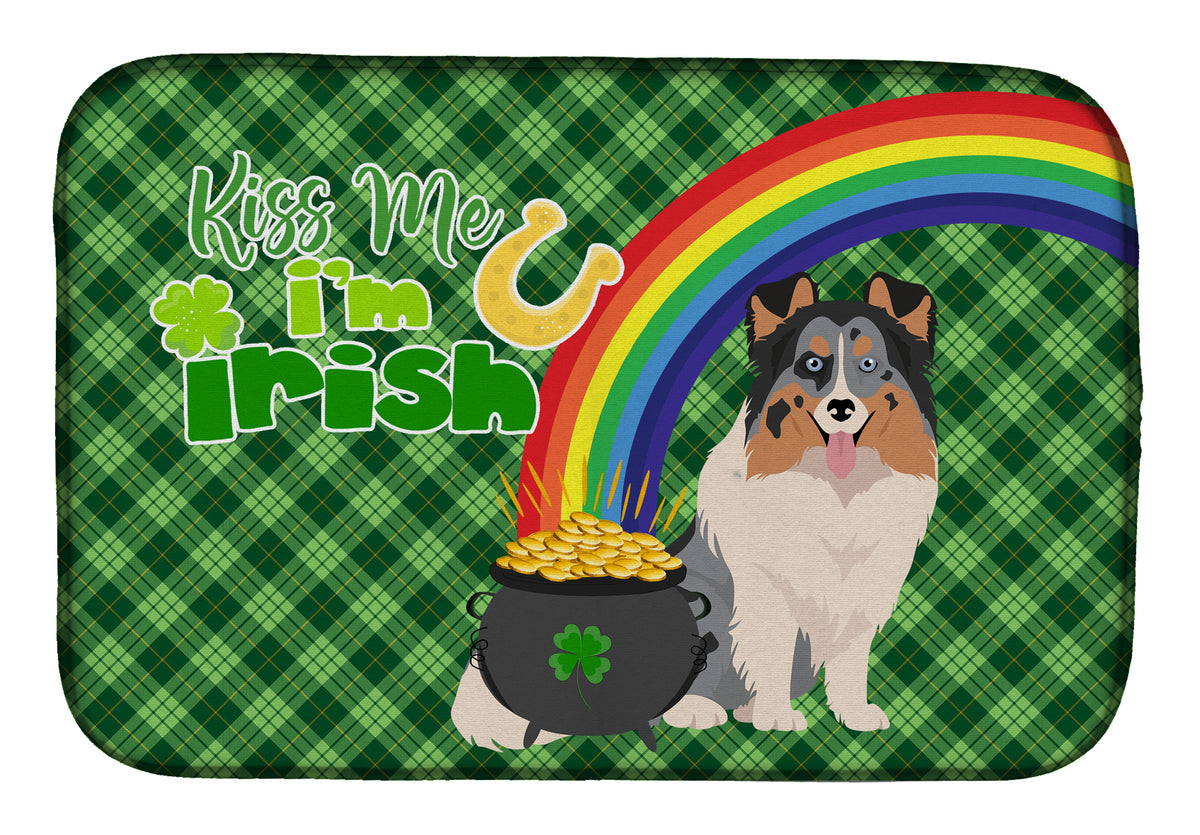 Blue Merle Sheltie St. Patrick&#39;s Day Dish Drying Mat  the-store.com.