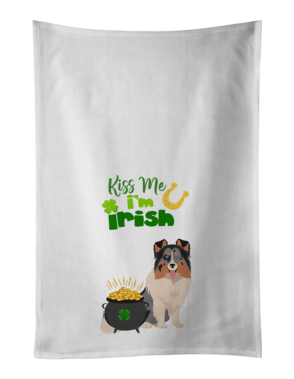 Buy this Blue Merle Sheltie St. Patrick&#39;s Day White Kitchen Towel Set of 2 Dish Towels