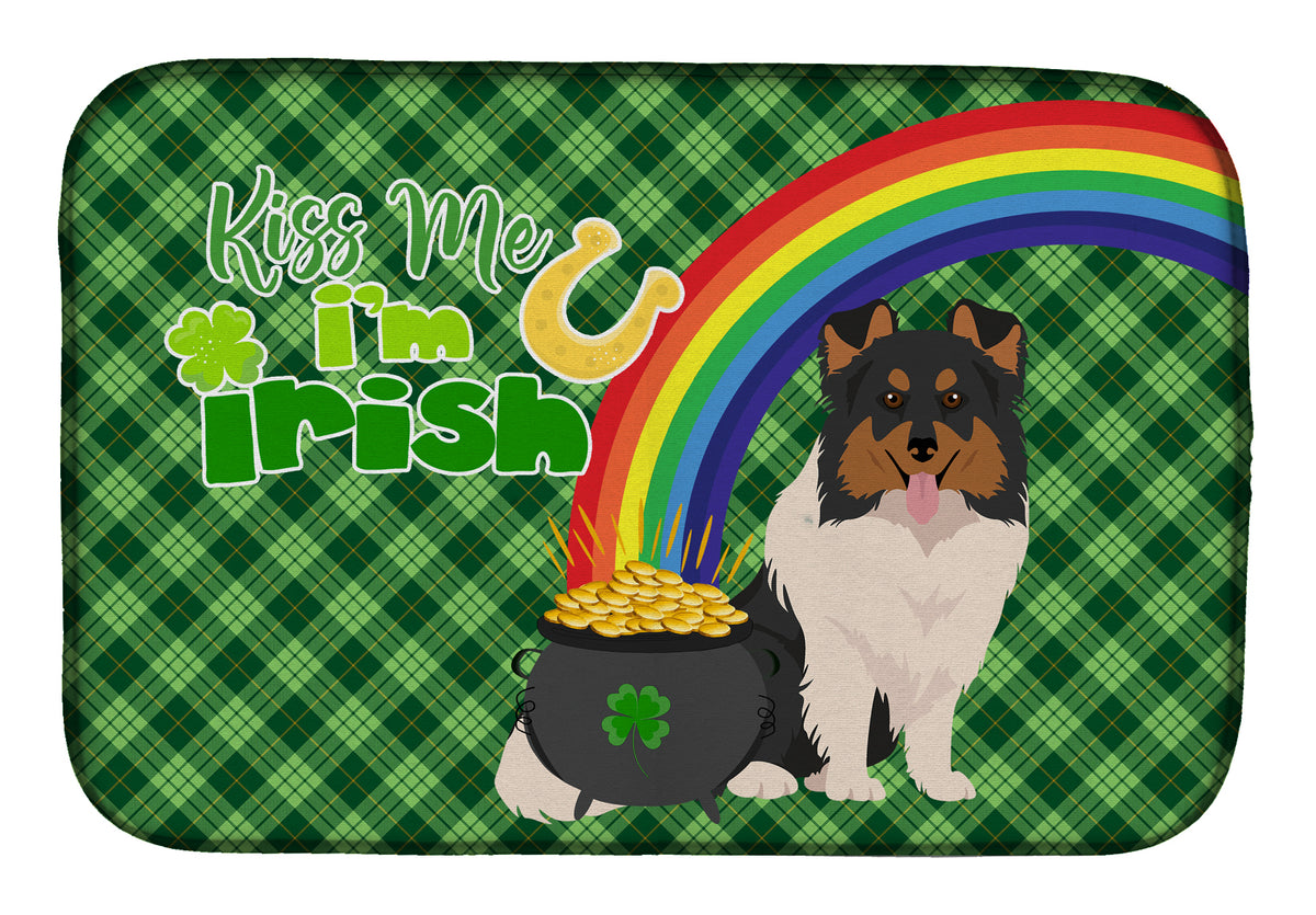 Tricolor Sheltie St. Patrick&#39;s Day Dish Drying Mat