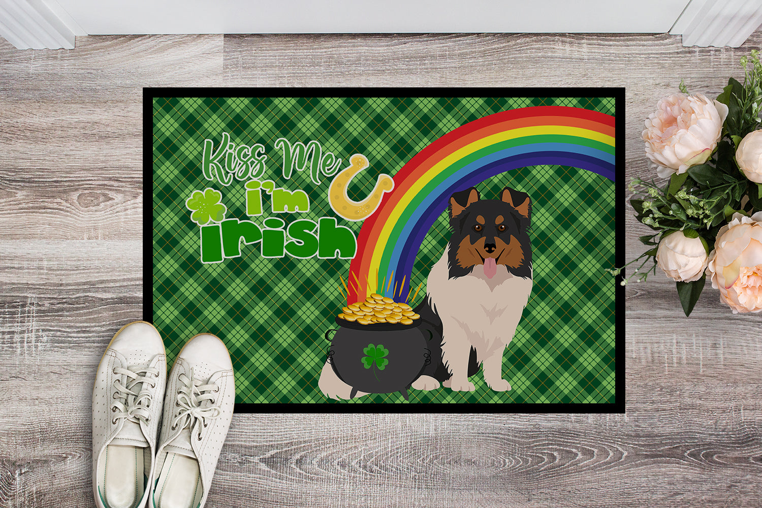 Tricolor Sheltie St. Patrick's Day Indoor or Outdoor Mat 24x36 - the-store.com