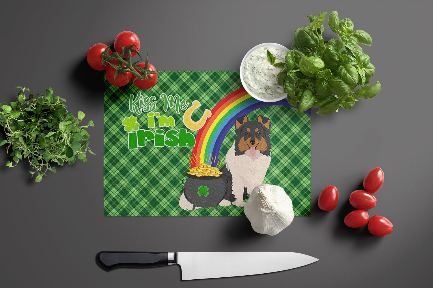 Tricolor Sheltie St. Patrick's Day Glass Cutting Board Large - the-store.com