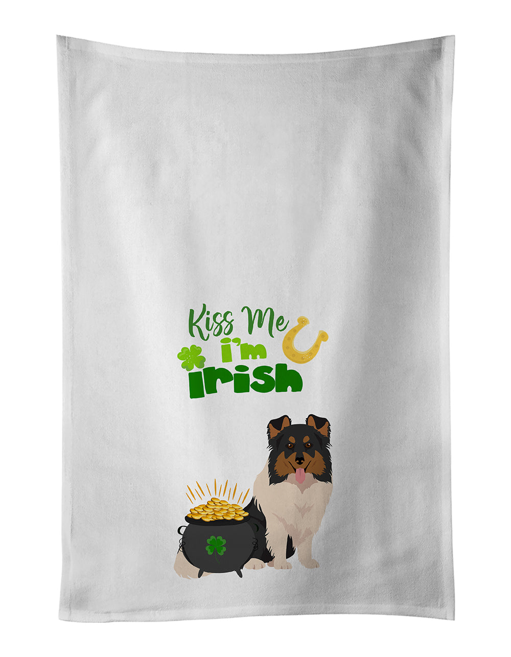 Buy this Tricolor Sheltie St. Patrick&#39;s Day White Kitchen Towel Set of 2 Dish Towels